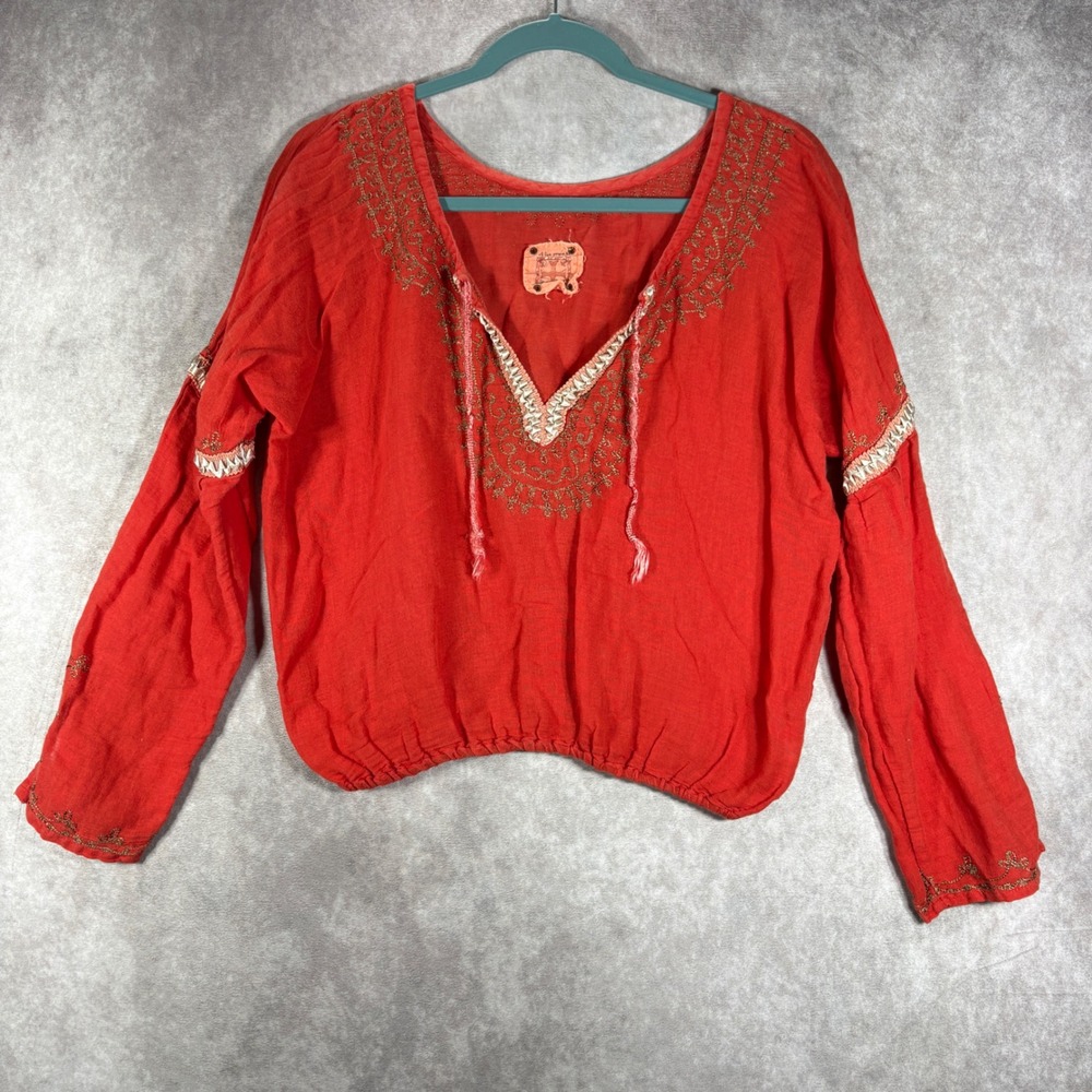 Free People Top Womens Small Red Embroidered Linen Blend Boho Peasant LS V-Neck